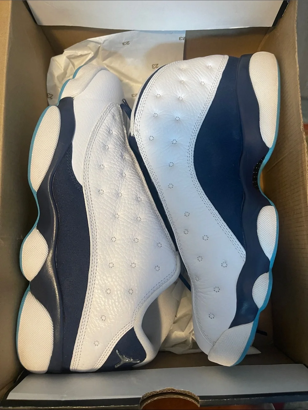 Jordan White and Navy Low-Top Sneakers with Aqua Accent